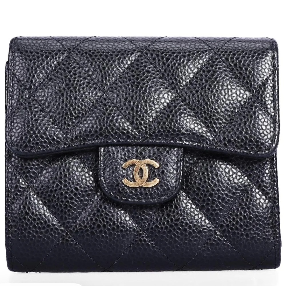 Chanel Black Trifold Quilted Caviar Leather Wallet